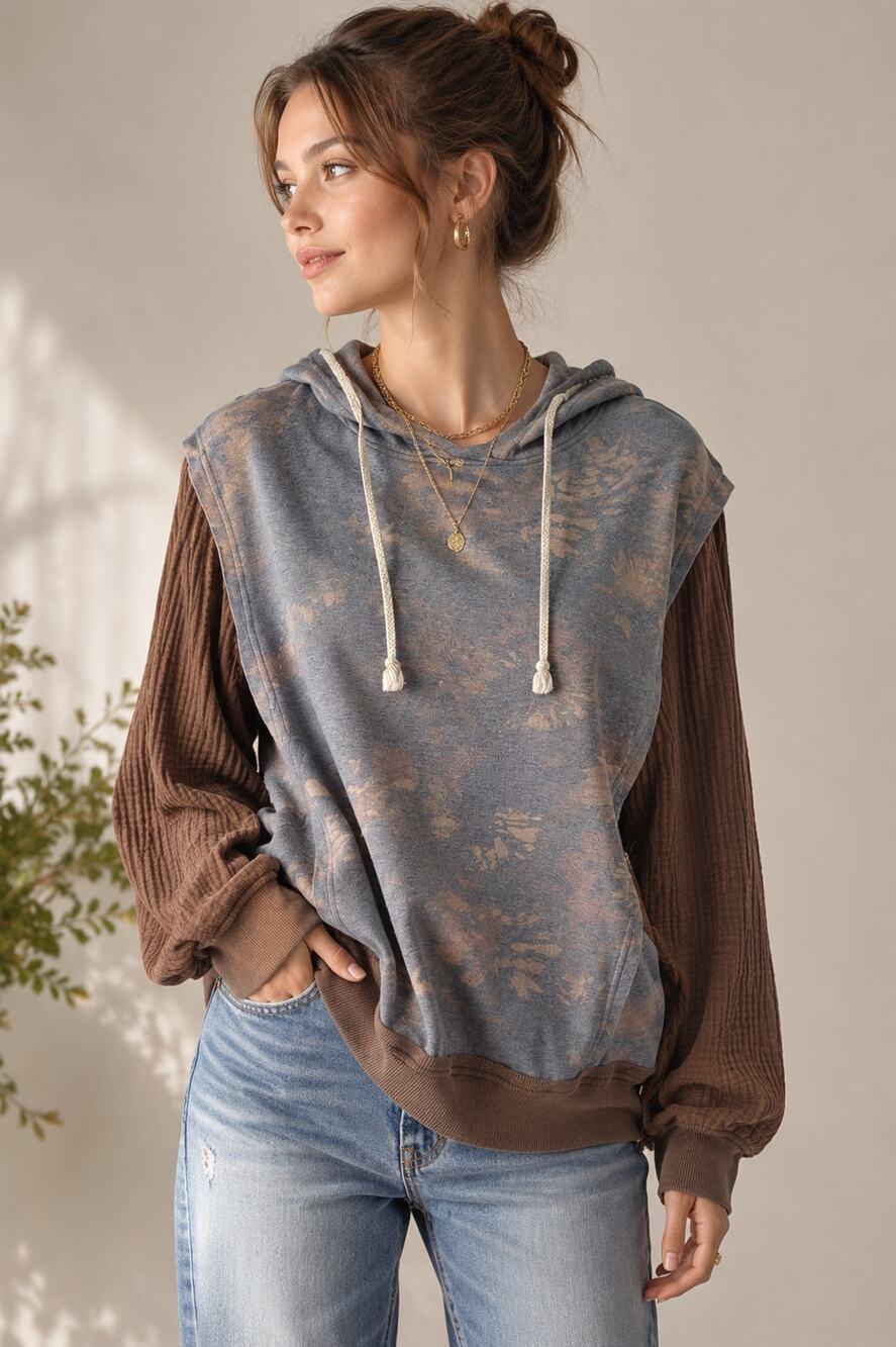 Oli & Hali Mixed Media Balloon Sleeve Hoodie XL Boho Oversized